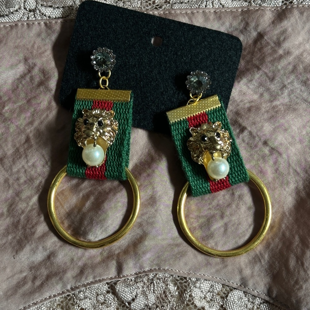 Elegant Gold and Green Lion Earrings